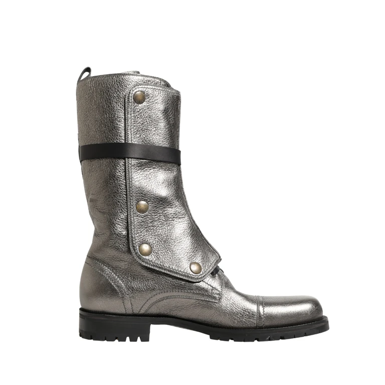 Dolce & Gabbana Metallic Leather Buckle Combat Boots Shoes Silver - Men