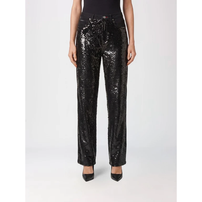 Mid-Rise Straight Leg Trousers in Denim with Sequin Embroidery (AAACWDT1787PDE004N02LC)