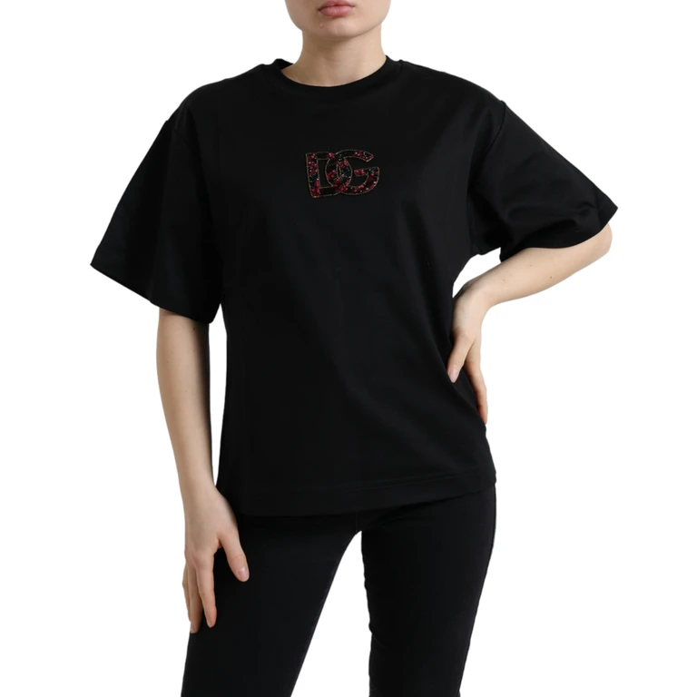 Dolce & Gabbana Black Cotton Dg Crystal Crewneck Tee T-Shirt - Women