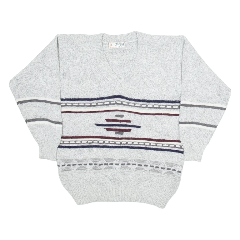 HAODELI Mens Patterned Jumper Grey Striped V-Neck Tight Knit L