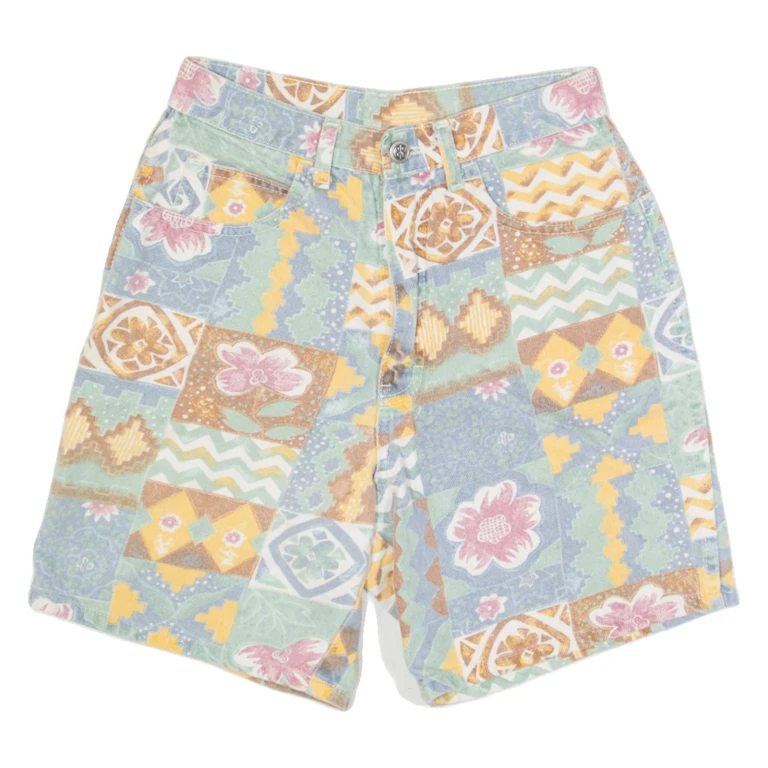 BILL BLASS Womens Denim Shorts Blue 90s Crazy Pattern XS W24
