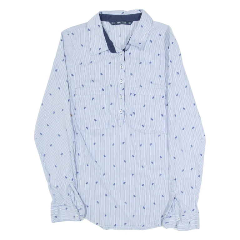 ZARA BASIC Womens Printed Shirt Blue Collared Long Sleeve Striped S