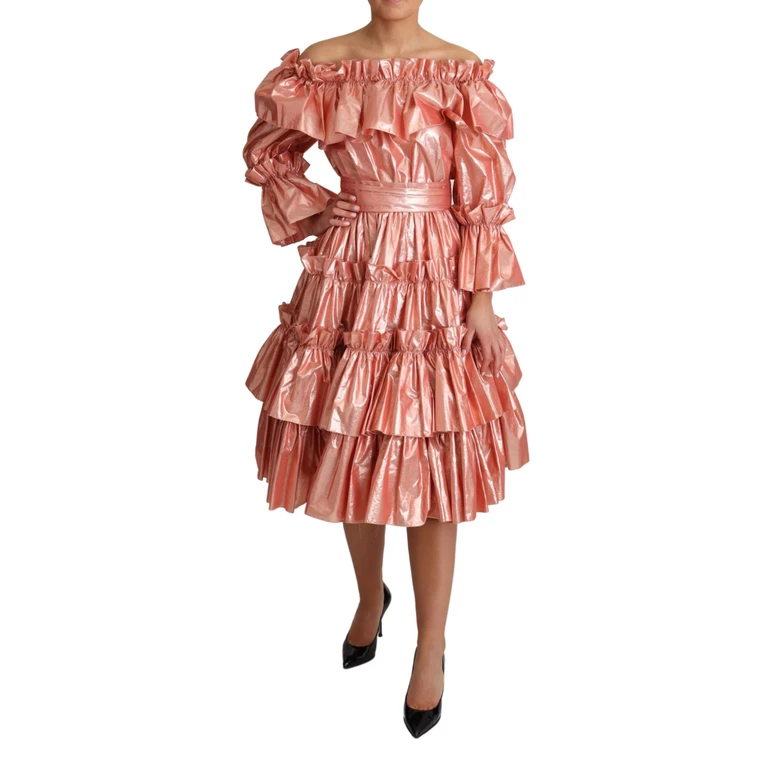 Dolce & Gabbana Pink Ruffled Dress Silk Cotton Gown - Women