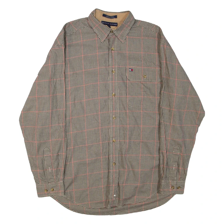 TOMMY HILFIGER Mens Shirt Beige Check Long Sleeve M