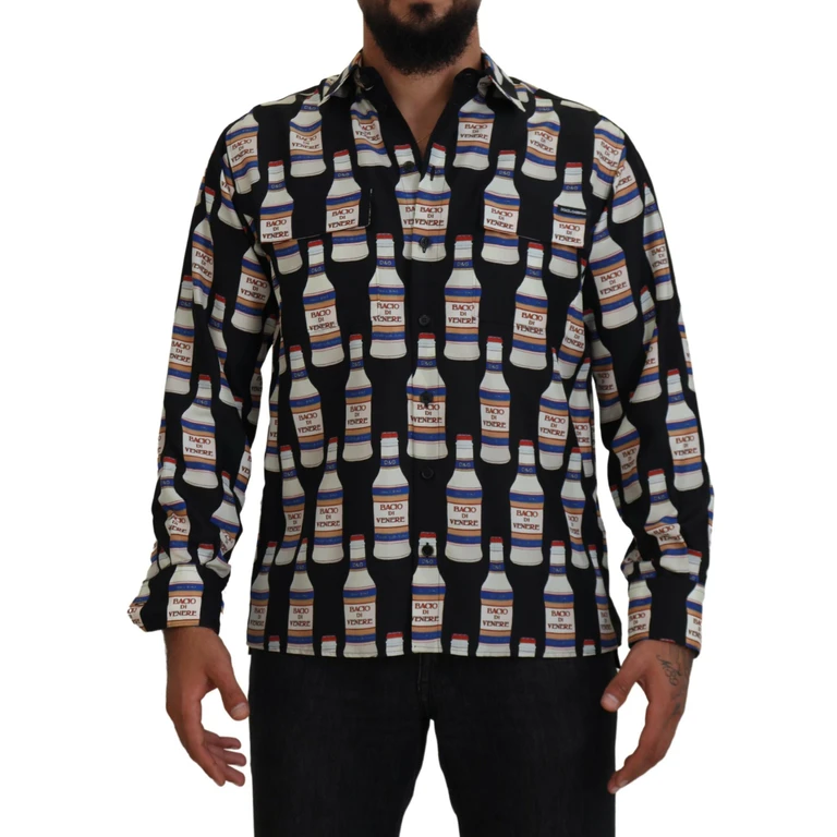 Dolce & Gabbana Black Silk Printed Collared Men Casual Shirt - Men