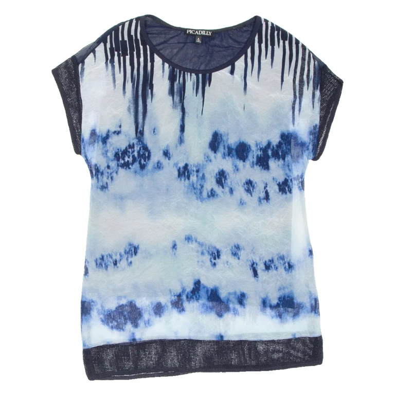 PICCADILLY Sheer Womens Printed Top Blue Crazy Pattern S