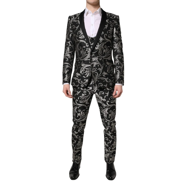 Black Gray Martini Jacquard Men 3 Piece Suit And Polyester Silk - Men