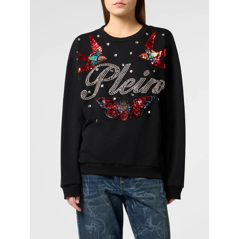 Crewneck Cotton Sweatshirt with Logo and Jewelled Embellishments (SAFCWJO1093PJY002N02)