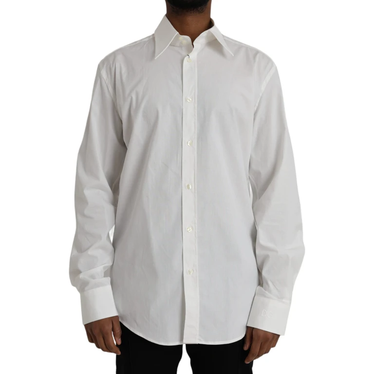 Dolce & Gabbana White Cotton Dress Slim Fit Gold Shirt Elastane - Men