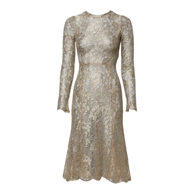 Dolce & Gabbana Gold Floral Lace Long Sleeves Fit & Flare Dress - Women