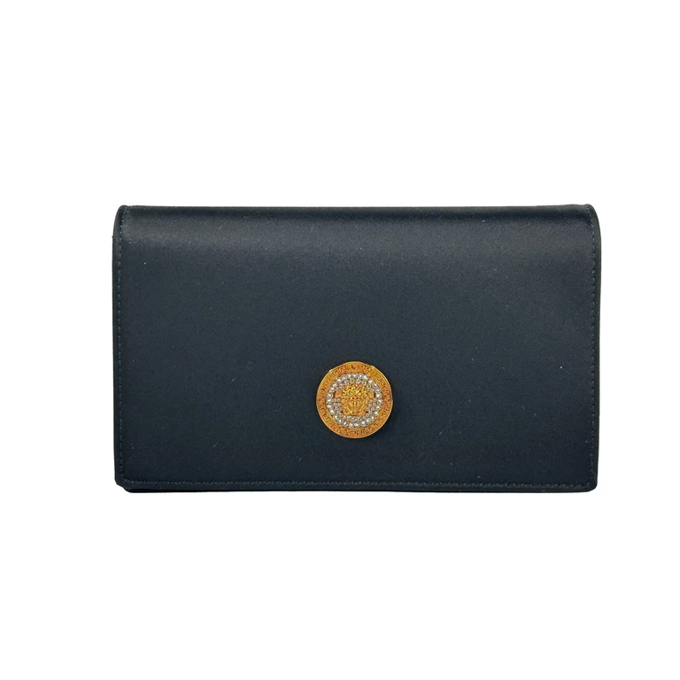 Versace Mini Chain Black Crossbody Wallet Bag Gold Fabric - Women