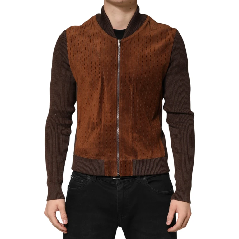 Brown Velvet Calfskin Full Zip Biker Jacket Cotton Clothing - Men