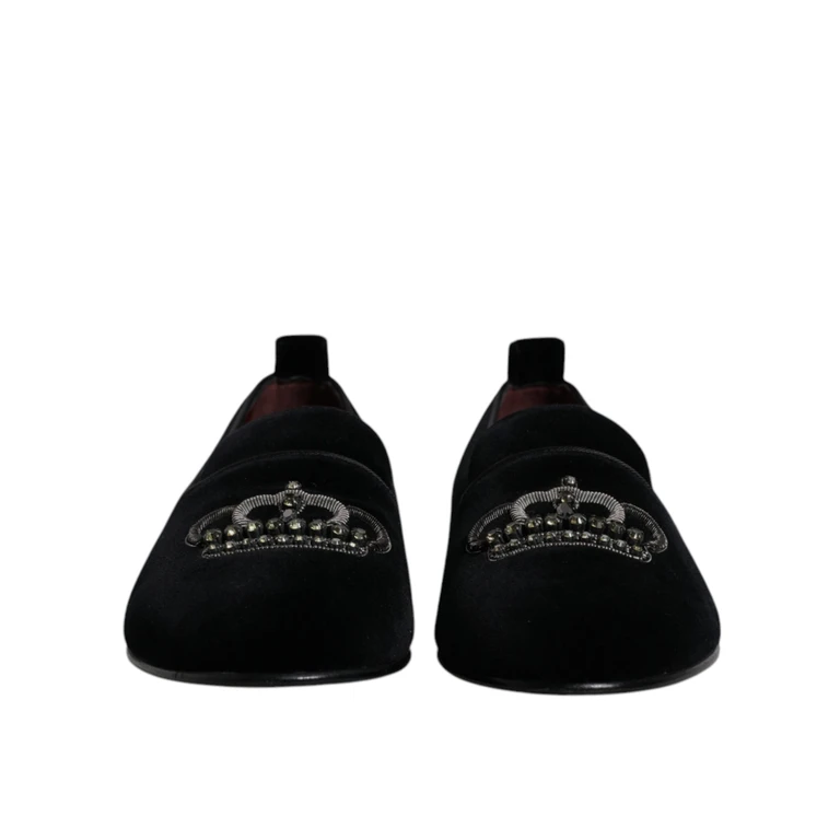 Dolce & Gabbana Black Velvet Crystal Crown Loafers Formal Dress Shoes Cotton - Men