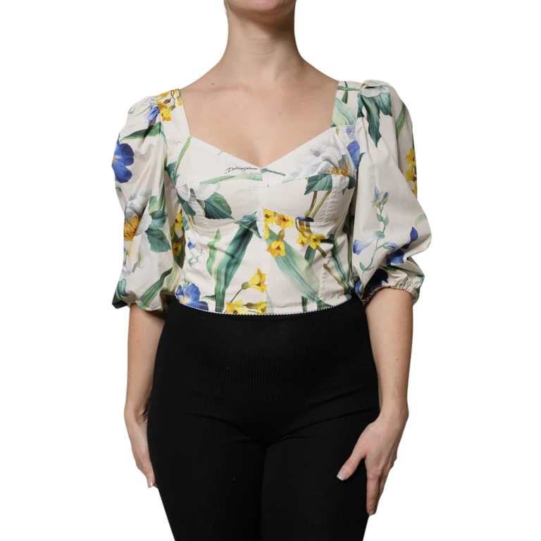 White Floral Puff Sleeves Crop Blouse Top Cotton - Women