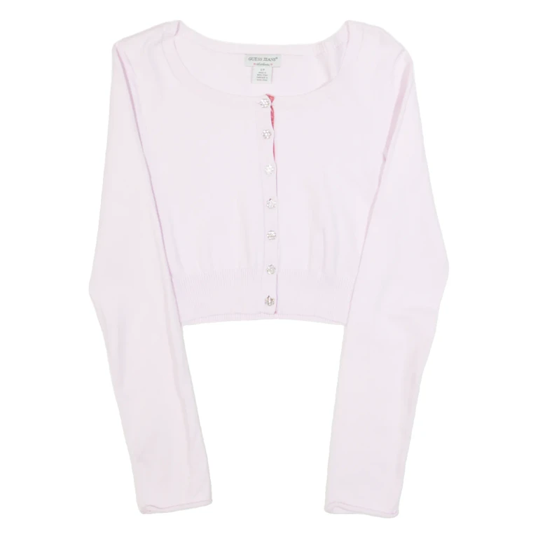 GUESS Cropped Womens Cardigan Pink Tight Knit S