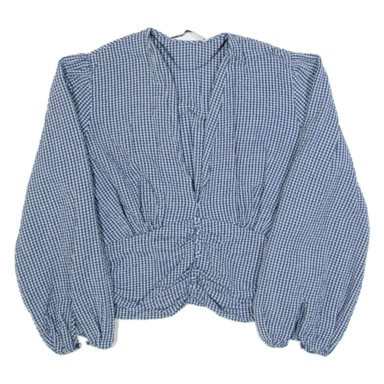 ZARA Womens Printed Top Blue V-Neck Long Sleeve Check S