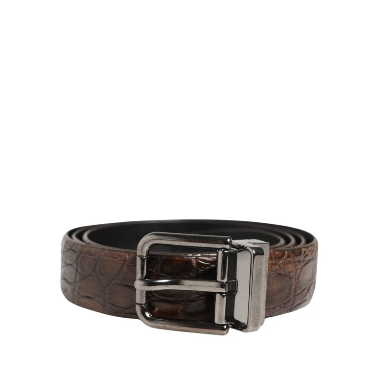 Dolce & Gabbana Brown Leather Silver Tone Metal Buckle Belt Caiman - Men