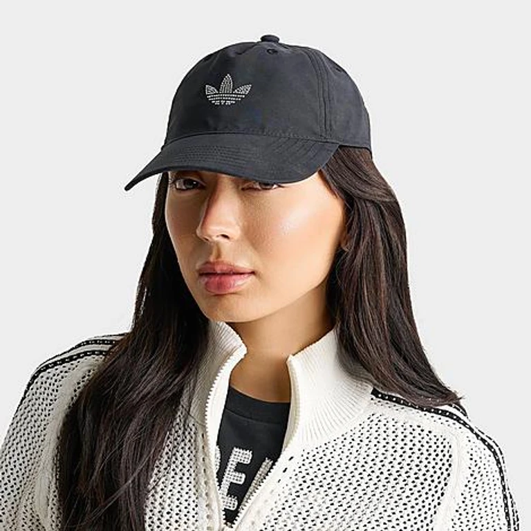 adidas Women's Originals Rhinestone Trefoil Strapback Hat in Black