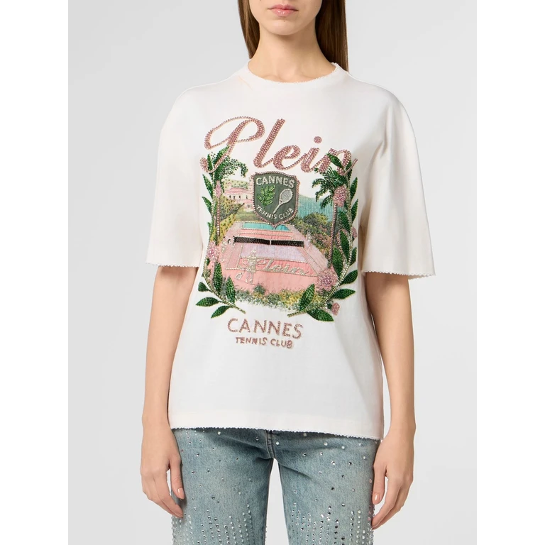 Relaxed Fit Cotton T-shirt with Rhinestones and Fringed Hem (PAFCWTK3933PJY002N01OF)