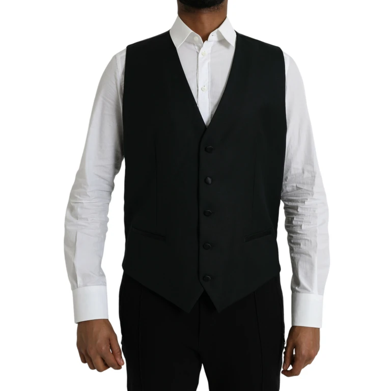 Dolce & Gabbana Black Wool Waistcoat Dress Formal Vest Silk Polyester - Men