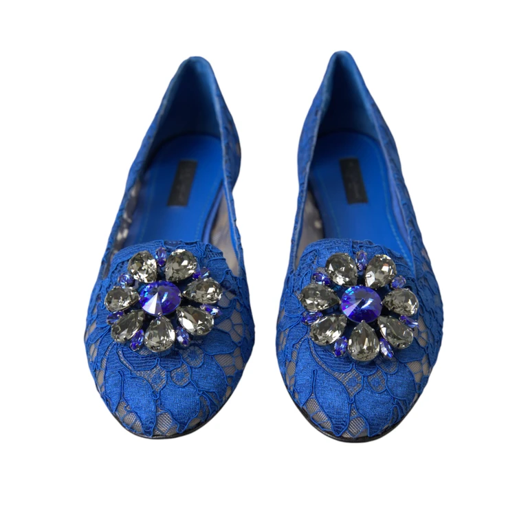 Dolce & Gabbana Blue Lace Crystal Ballet Flats Loafers Shoes Viscose Cotton Nylon - Women