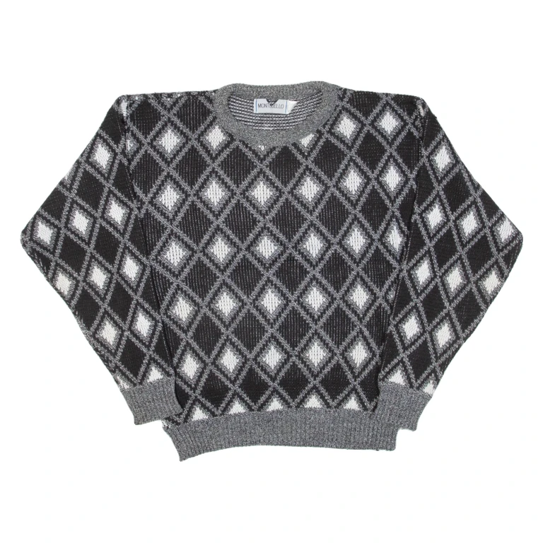 MONTEBELLO Womens Patterned Jumper Black Diamond 90s Cable Knit M