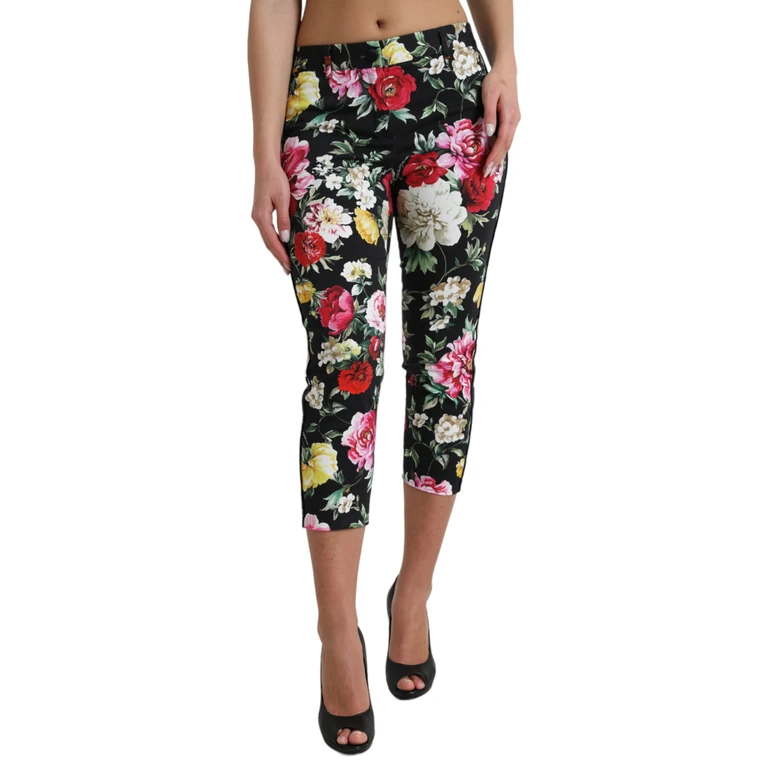 Dolce & Gabbana Black Floral Print Mid Waist Cropped Pants Cotton Elastane - Women