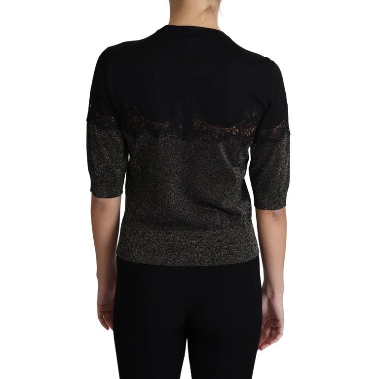 Dolce & Gabbana Black Shiny Lurex Lace Insert Pullover Top - Women