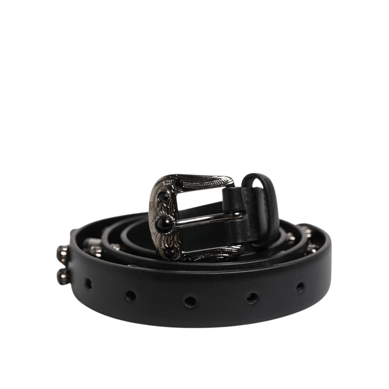 Dolce & Gabbana Black Studded Leather Metal Logo Buckle Belt - Men