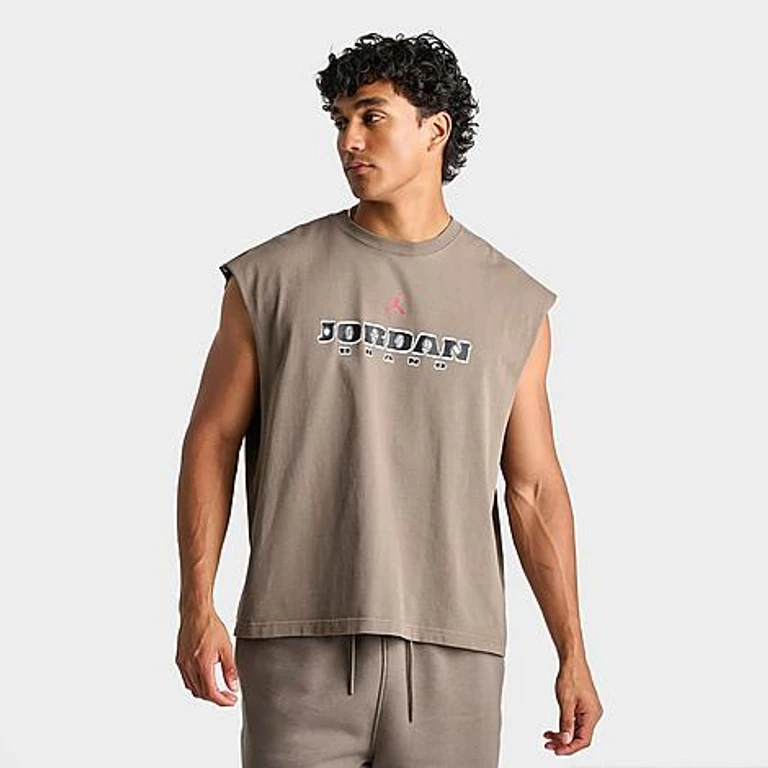 Jordan Men's Brooklyn Sleeveless Muscle Top in Olive Grey/Gym Red Size: Small