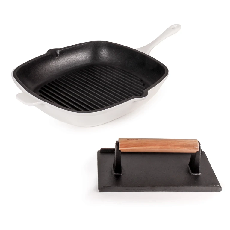 Neo 2pc Cast Iron 11" Grill Pan with Steak Press, White