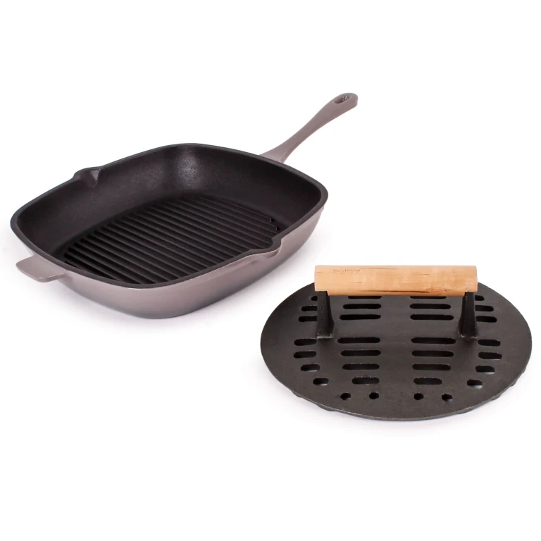 Neo 2pc Cast Iron 11" Grill Pan with Slotted Steak Press, Oyster