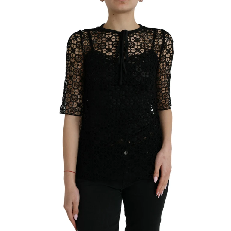 Dolce & Gabbana Black Floral Lace Short Sleeves Blouse Top Cotton Silk - Women