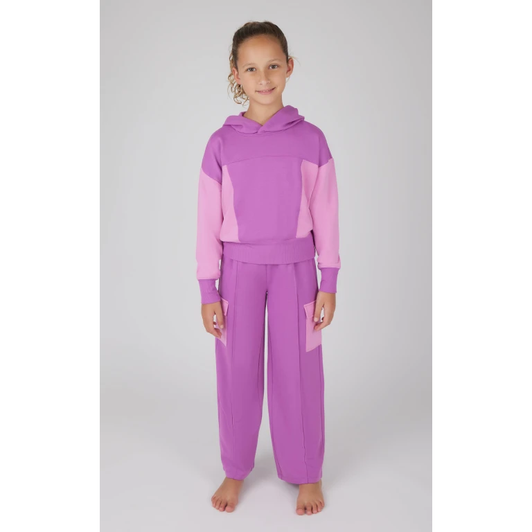 Girls 2 PC Terry Brushed Color Block Sweatshirt and Wide Leg Sweatpant