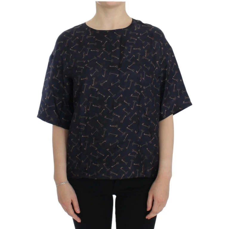 Dolce & Gabbana Blue Gold Key Print Silk Blouse - Women