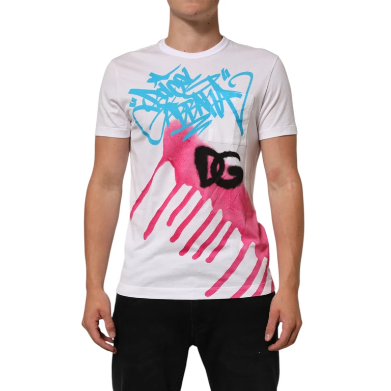 Dolce & Gabbana White Graphic Print Cotton Crew Neck T-Shirt - Men