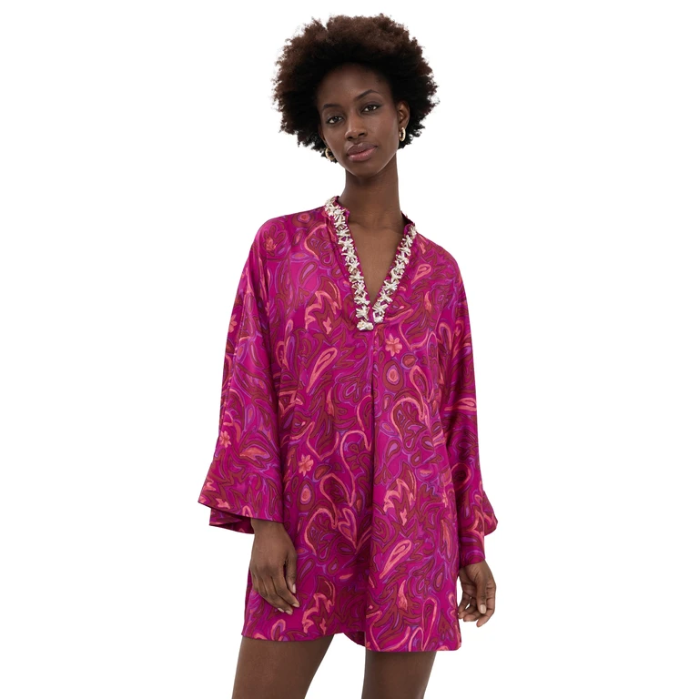 Cinq à Sept Paisley Bloom Collarless Arcia Caftan Purple Garnet Multi XL