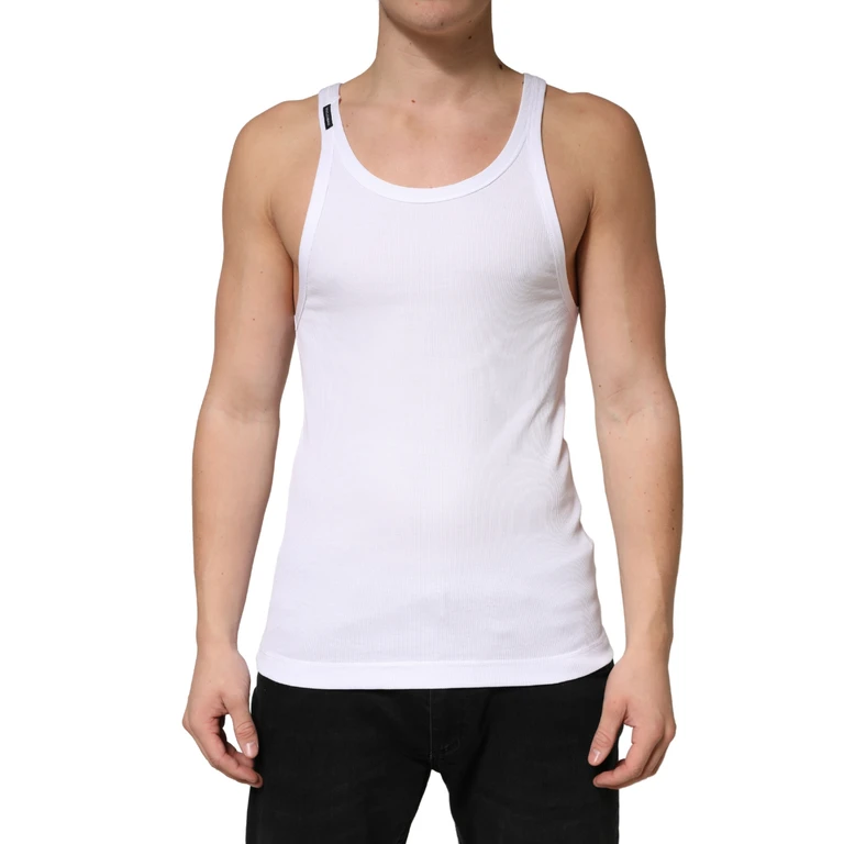White Ribbed Cotton Sleeveless Tank Top T-Shirt - Men