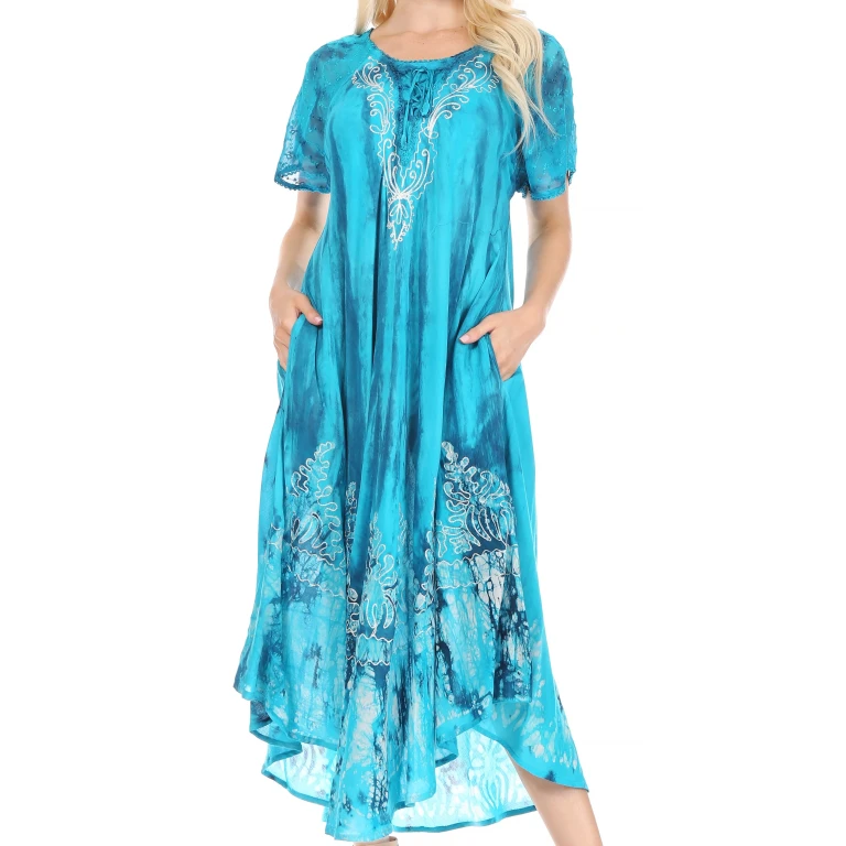 Sakkas Ronny Lace Embroidered Cap Sleeve Tie Dye Wash Caftan Dress / Cover Up