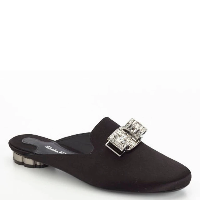Ferragamo Alseno Crystal-Embellished Vara Bow Mules, Size 7 C