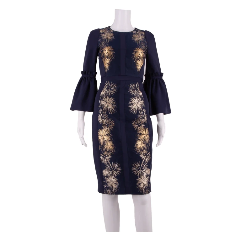 TED BAKER Womens Pencil Dress Blue Crazy Pattern Short Sleeve Knee Length XS