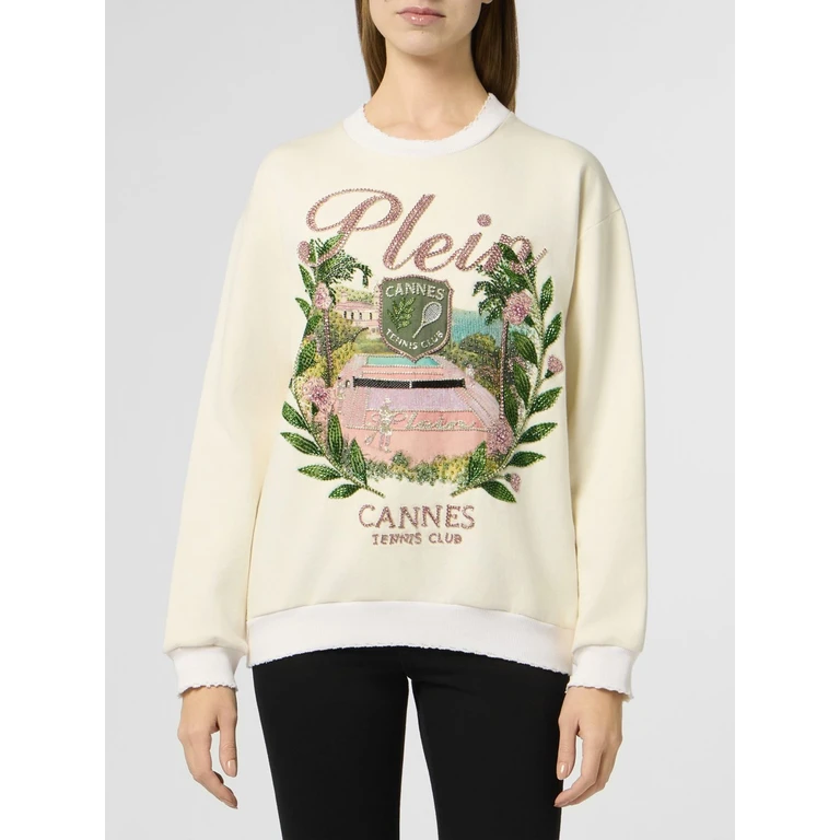 Cotton Crewneck Sweatshirt with Dropped Shoulders and Rhinestone Logo (PAFCWJO1111PTE180N01OF)