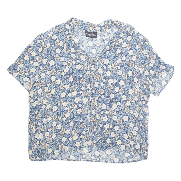 POSITIVE ATTITUDE Womens Printed Shirt Blue Off Shoulder 90s Floral L
