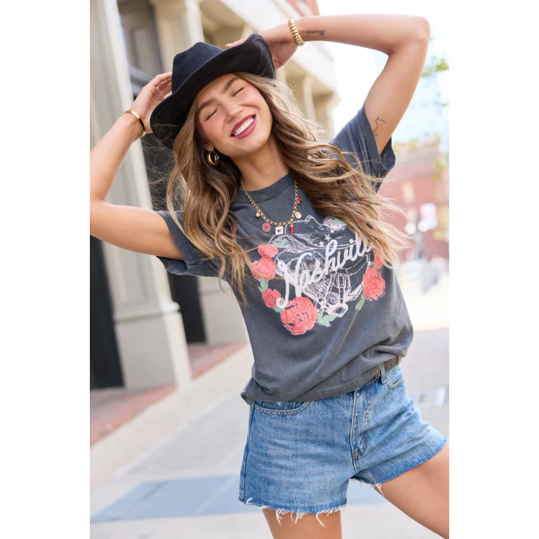 Nashville Vintage Rose Dark Grey Graphic Tee