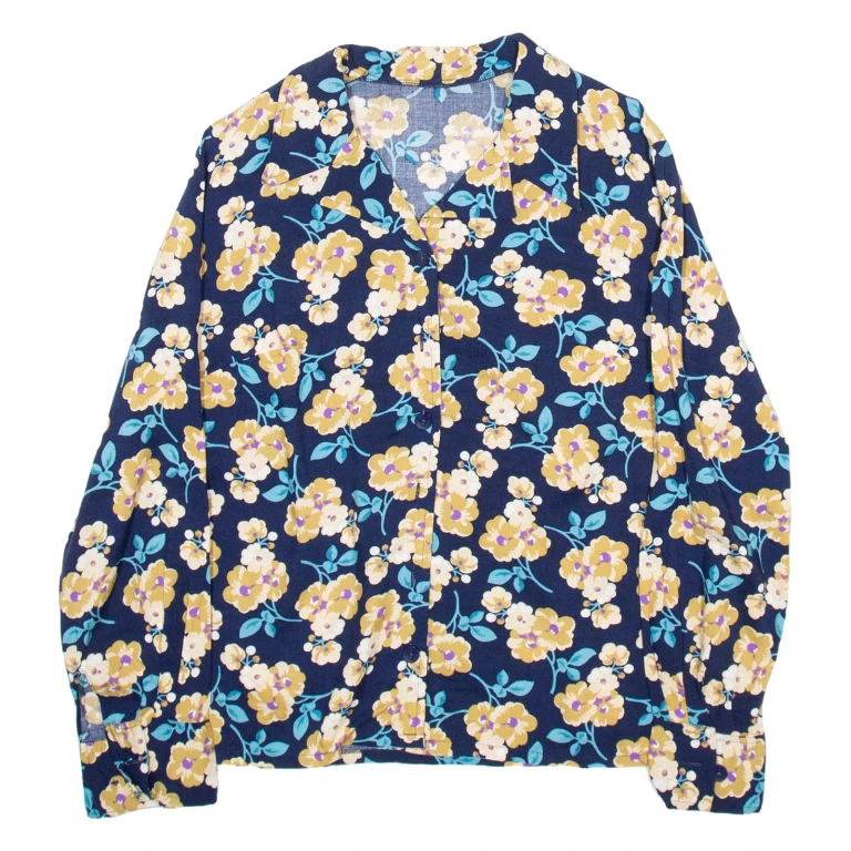 Womens Printed Shirt Blue V-Neck Long Sleeve 90s Viscose Floral M