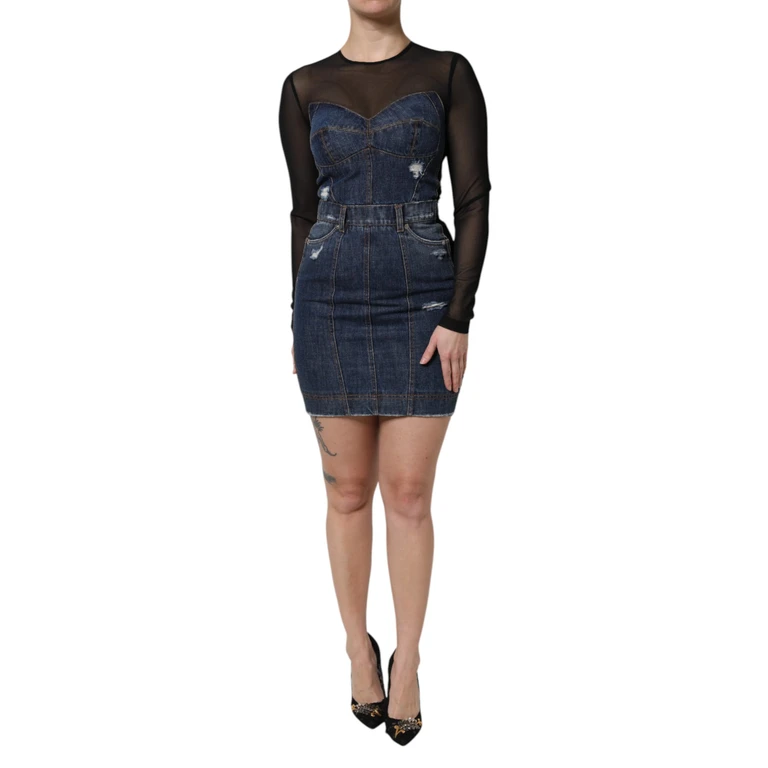 Dolce & Gabbana Black Blue Long Sleeves Denim Mini Dress And Cotton Nylon Elastane - Women