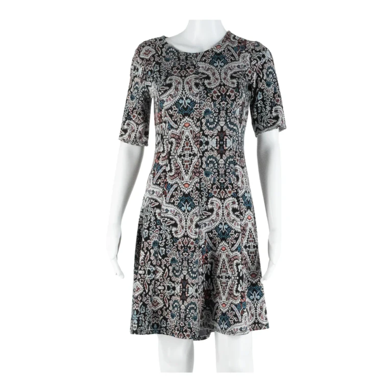 MONSOON Womens Skater Dress Black Crazy Pattern Short Sleeve Knee Length UK 10