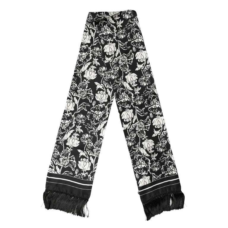 Dolce & Gabbana Black White Silk Floral Print Fringe 136cm X 15.5cm Scarf And - Men