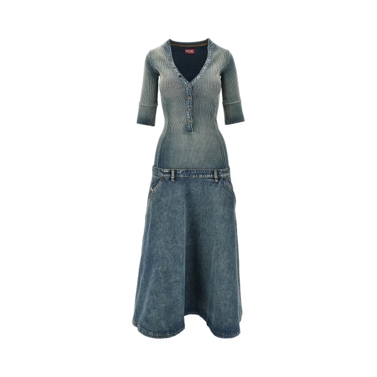 Denim and ribbed knit low-rise midi dress Woman M