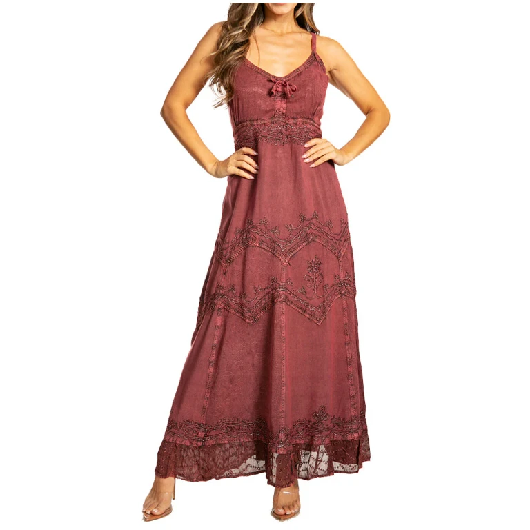 Sakkas Stonewashed Rayon Embroidered Adjustable Spaghetti Straps Long Dress